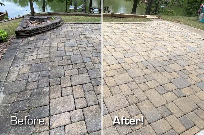Professional concrete pressure washing showing dramatic cleaning results